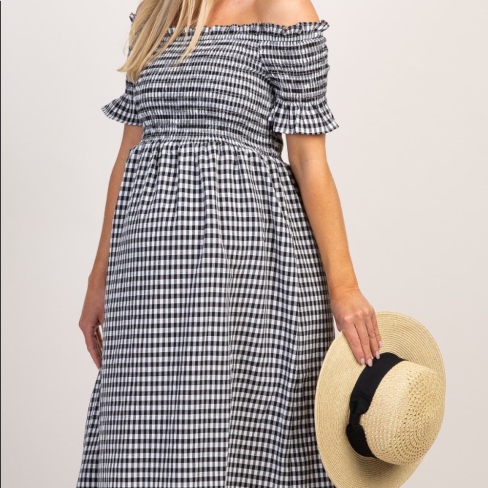 Black Gingham Smocked Off Shoulder Maternity Dress